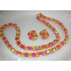 Vintage Costume Jewelry Vogue Pink Glass Crystal Necklace Earrings Set High End